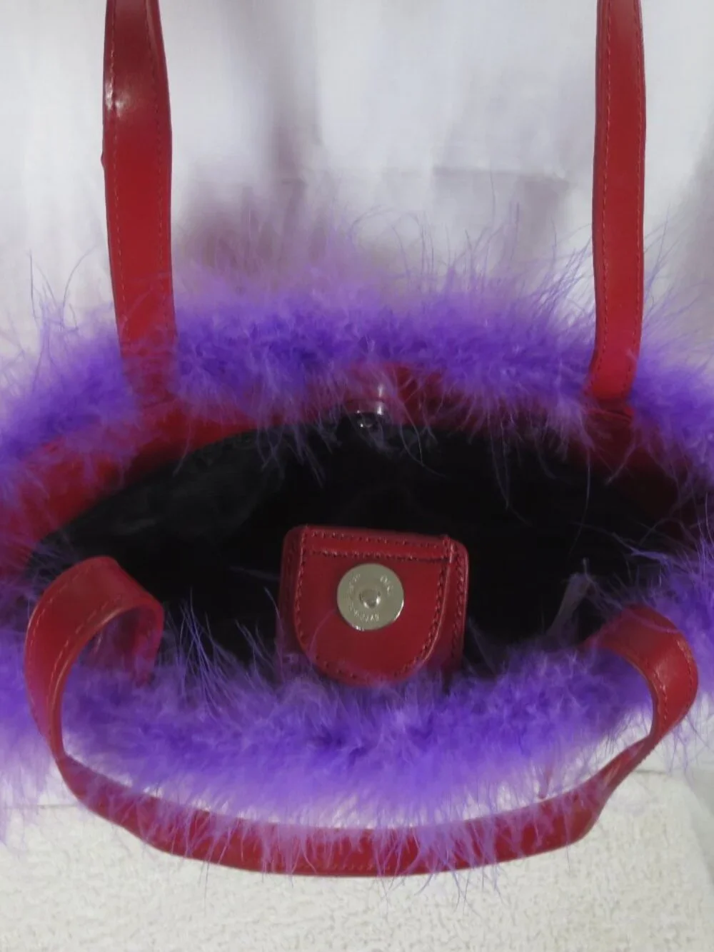 90s Red Hat Bag Red Purple Fabric Vinyl Rhinestone Feather Small Shoulder Purse